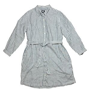 Lands’ End 100% Linen Long Sleeve Stirt Dress Nautical Striped Button-Up XL 18